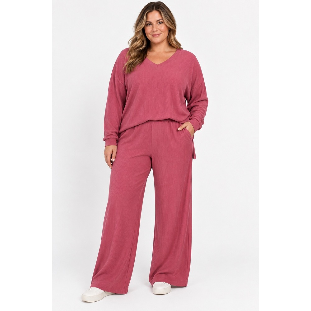 PrettyGarden Pink Ribbed 2 Piece Lounge Set V Neck Top Wide Leg Pants Size XL